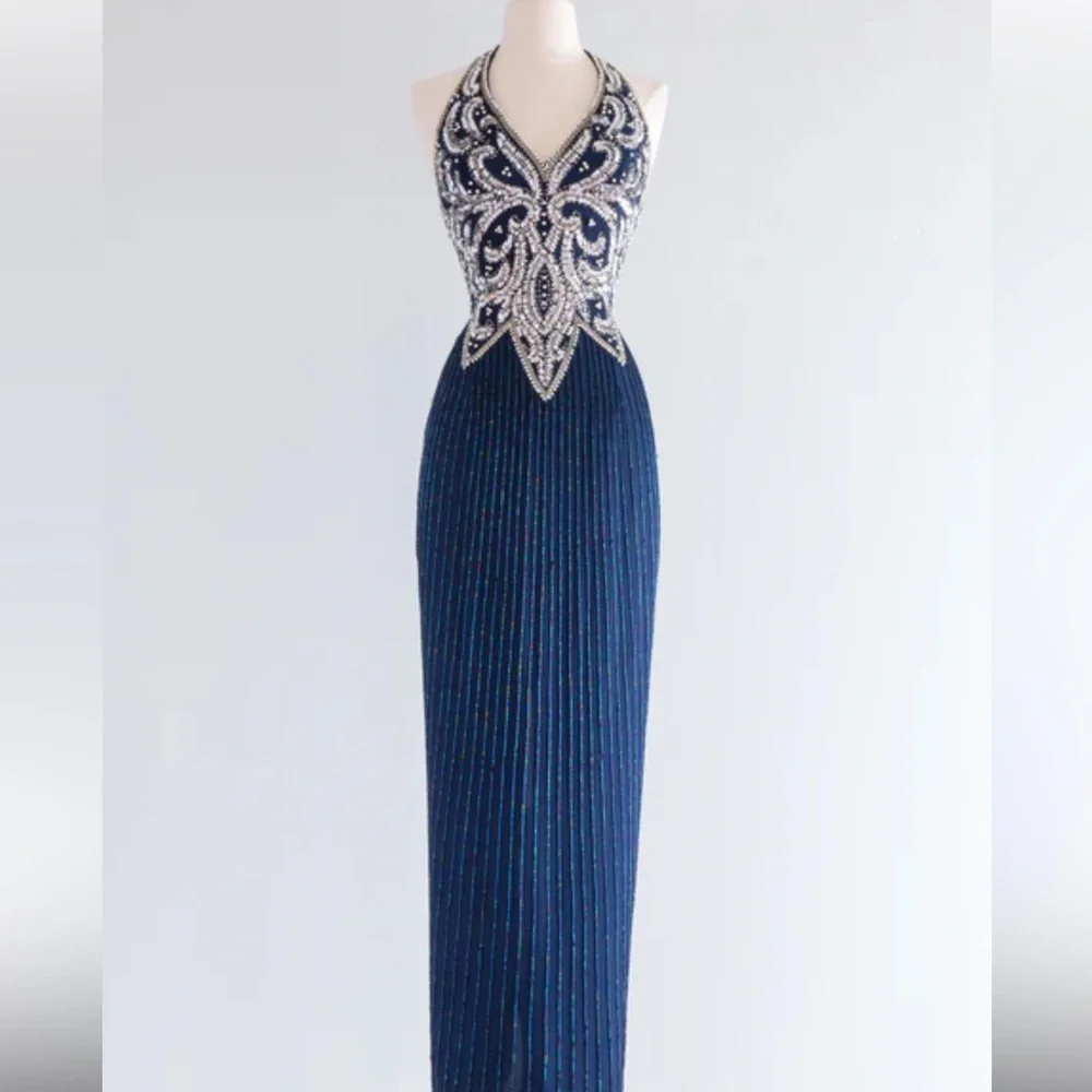Niteline Della Roufogali Vintage 1980's Sapphire Blue Beaded Silk Evening Gown 6 - Picture 1 of 9